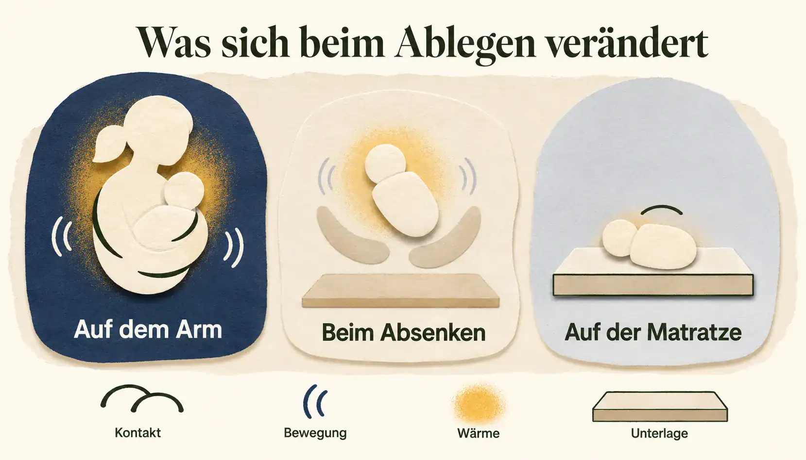 Schematische Illustration in drei Panels: Auf dem Arm, Beim Absenken, Auf der Matratze, darunter vier Icons für Kontakt, Bewegung, Wärme und Unterlage, Nachtblau und Nachtlicht-Gelb