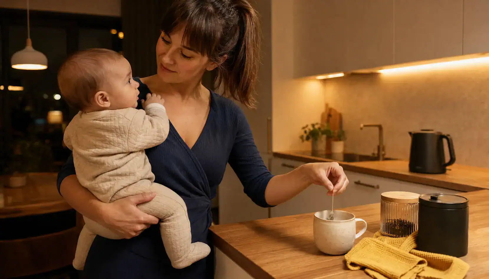 Mutter hält ihr waches Baby nah an der Schulter, bereitet mit freier Hand abends in der Küche Tee zu, warmes natürliches Licht