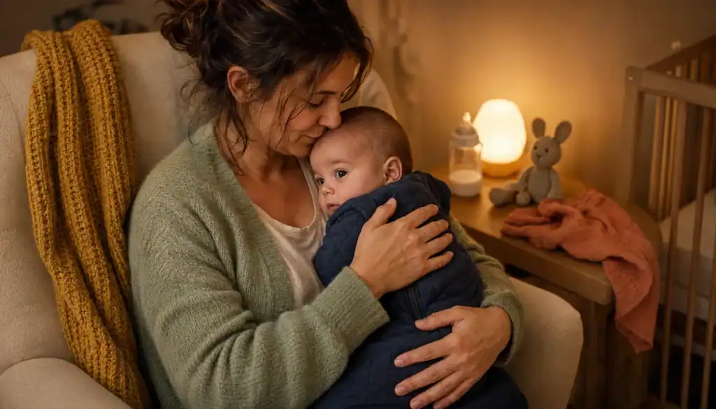 Baby wacht nachts ständig auf. Mutter küsst ihr nachts wach gewordenes Baby sanft auf die Stirn, hält es fest im Arm, Gitterbett im Hintergrund