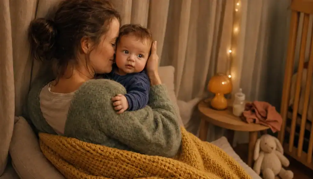 Mutter hält ihr Baby im Sessel eng an sich, Wange sanft an seinem Kopf, warme Abendstimmung mit gelber Strickdecke