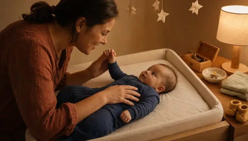 Mutter am Wickeltisch mit einem wachen Baby im Abendlicht, gewohnter Tagesablauf wirkt unterbrochen, warmes goldenes Seitenlicht