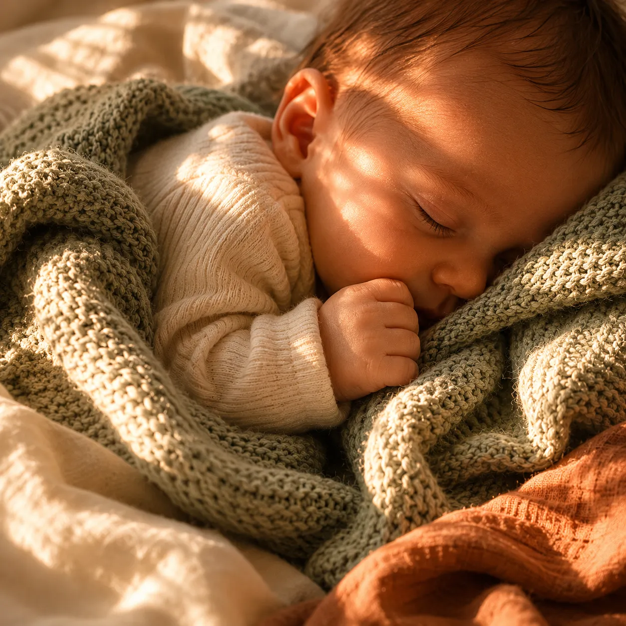 Schlafendes Neugeborenes auf Sage-Strickdecke im warmen Licht, Babyschlaf Tipps