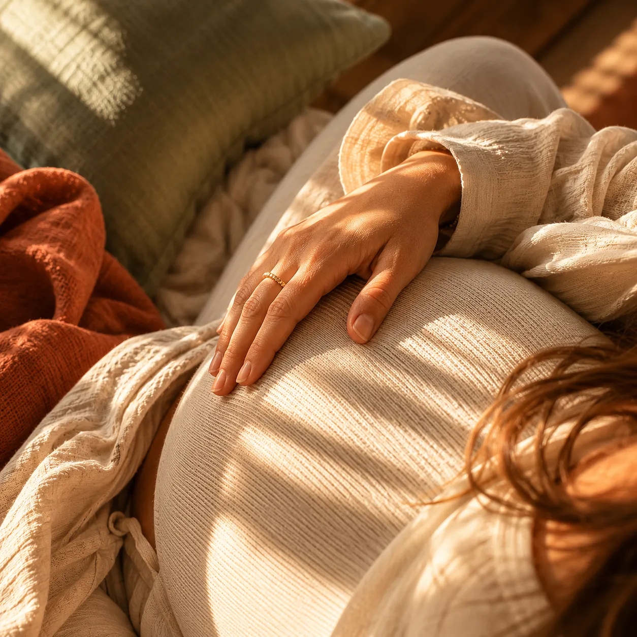 Schwangerer Bauch mit Hand darauf im warmen Licht, Schwangerschaft Tipps
