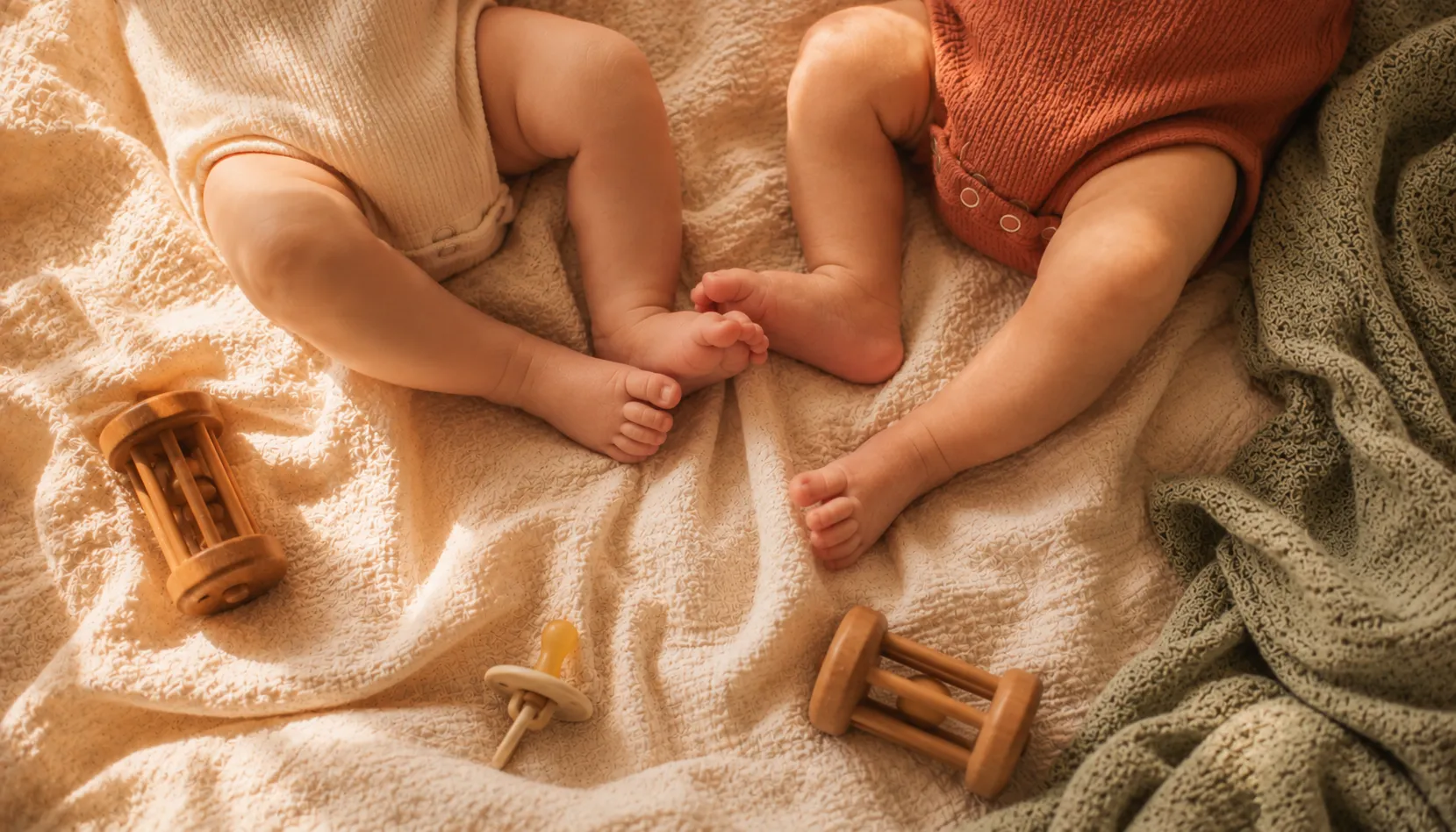 Zwei Babys nebeneinander auf cremefarbenem Bettzeug mit Holzrasseln und Sage-Strickdecke im warmen Morgenlicht