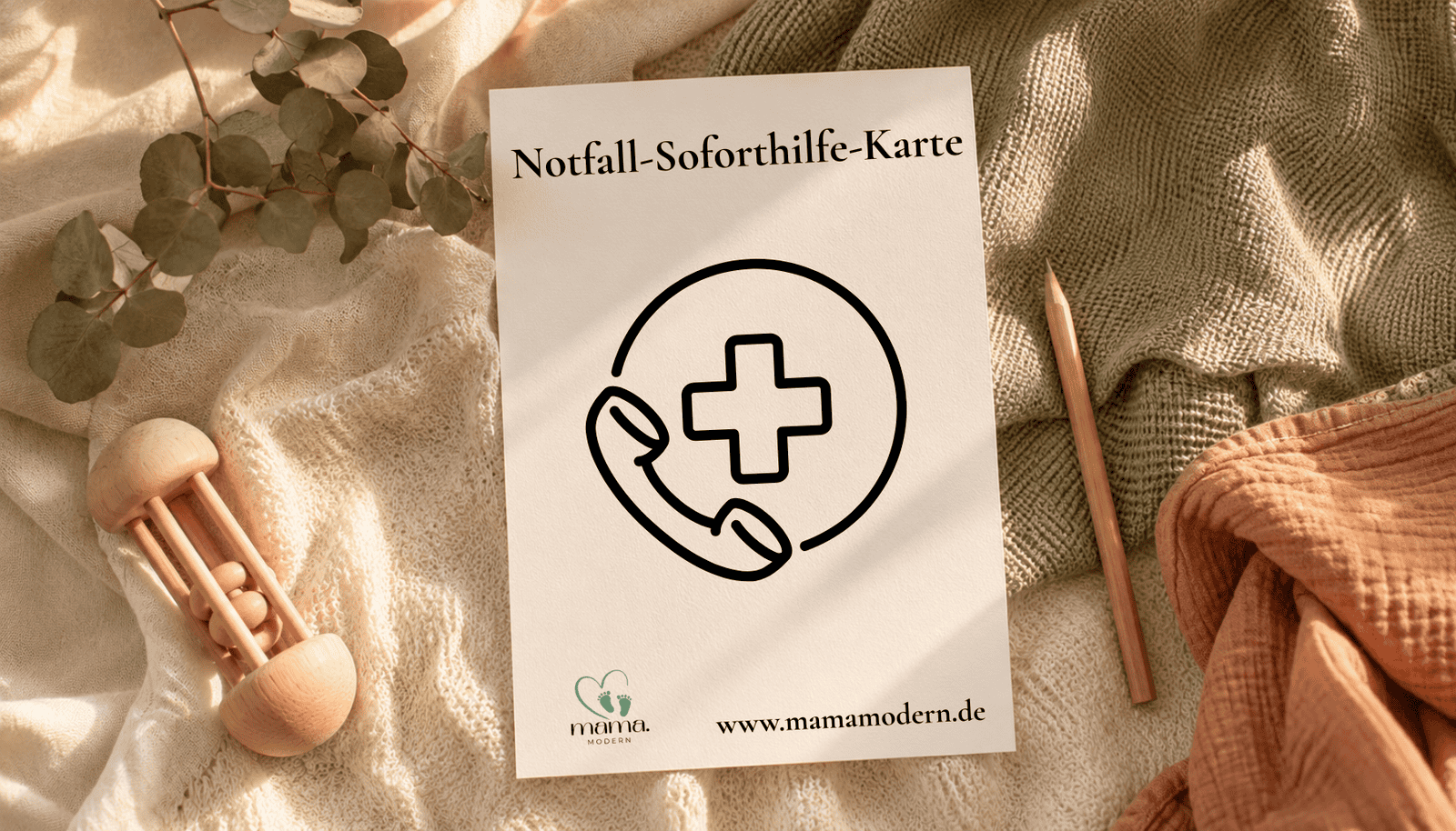 Mockup der Notfall-Soforthilfe-Karte auf einer Decke, kostenloses Freebie von MamaModern