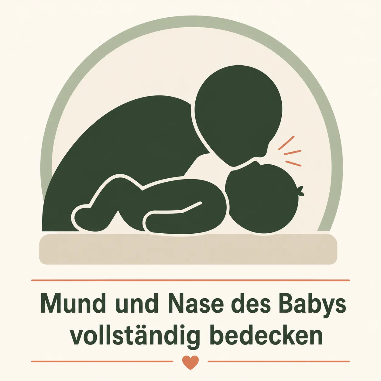 Schematische Silhouette: Beatmungsposition beim Säugling, Mund des Ersthelfers bedeckt Mund und Nase des Babys vollständig, abstrakte Sage-Earth-Darstellung