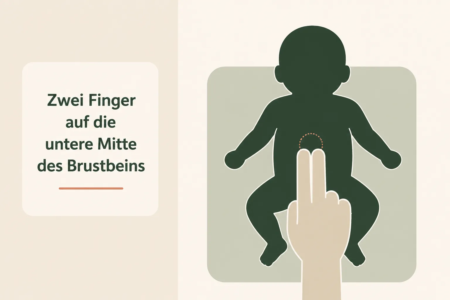 Schematische Draufsicht-Silhouette: Zwei-Finger-Technik bei der Herzdruckmassage des Babys, Druckpunkt auf der unteren Mitte des Brustbeins markiert, abstrakte Sage-Earth-Darstellung