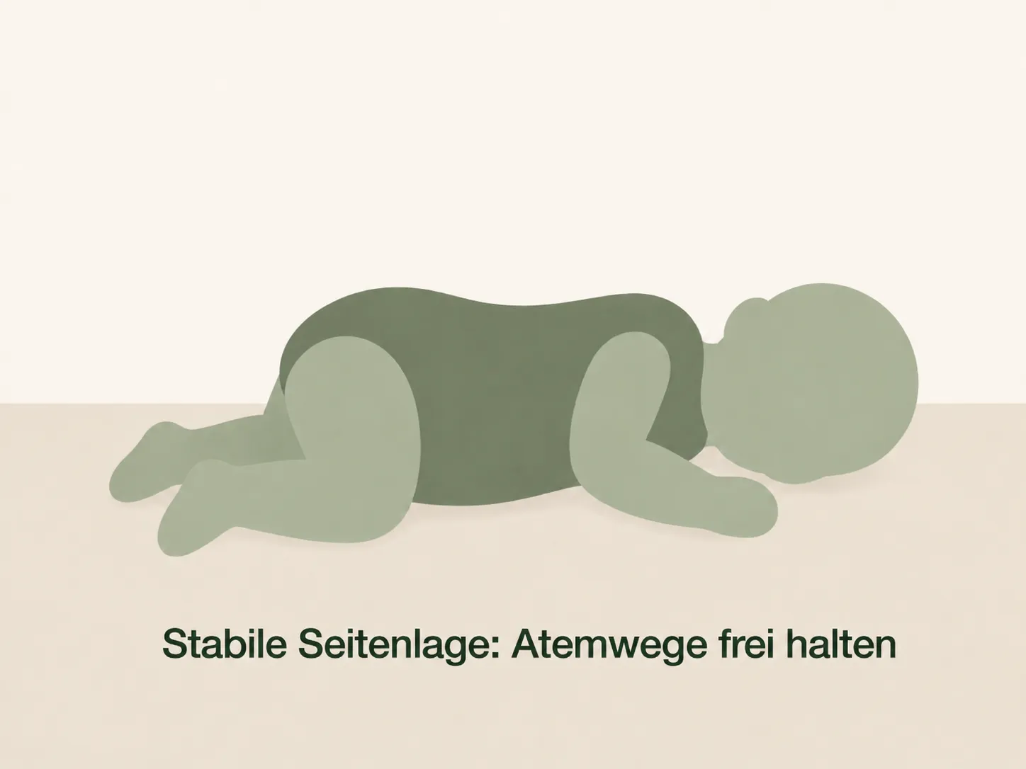Schematische Illustration eines Babys in stabiler Seitenlage auf flacher Unterlage, Kopf leicht zur Seite geneigt, Atemwege frei, Beobachtungsposition nach Sturz und Kopfverletzung