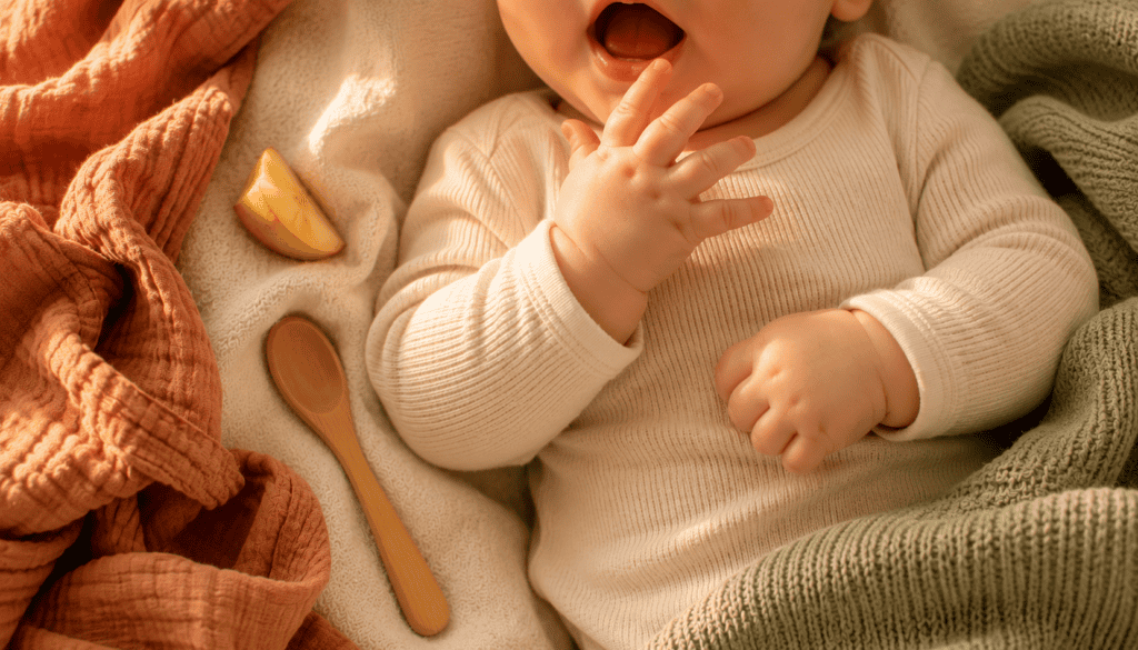 Babyhände auf gerumpelter Creme-Decke mit Holzlöffel und Apfelstück, warmes goldenes Seitenlicht