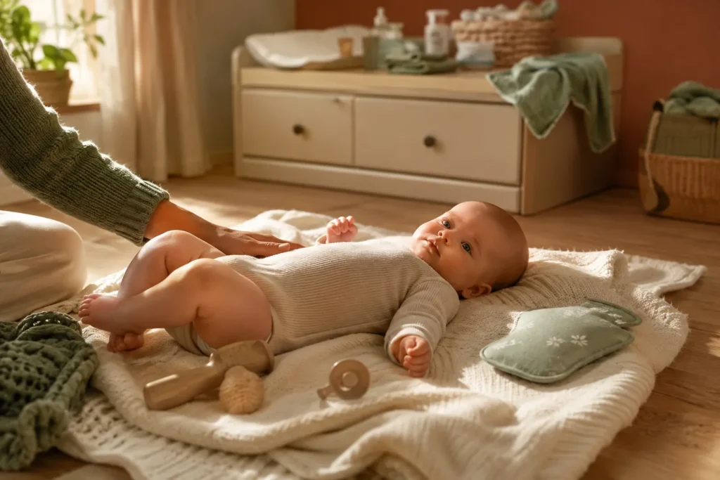 Baby liegt auf cremefarbener Decke auf dem Boden, im Hintergrund eine Wickelkommode sichtbar, eine Erwachsenenhand neben dem Baby, eine weiche Kühlkompresse liegt daneben