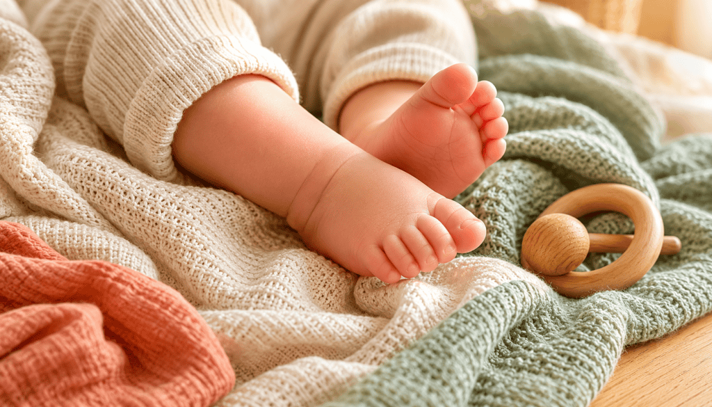 Babyfüße auf einer Strickdecke mit Holzrassel, ruhiges Symbolbild zu Erste Hilfe am Baby