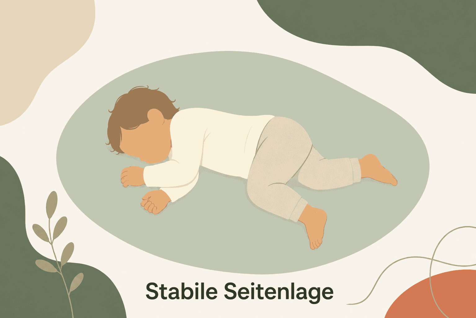 Schematische Illustration eines Kleinkindes in stabiler Seitenlage, Kopf zur Seite gedreht, ein Bein leicht angewinkelt zur Stabilisierung, Sage-Earth-Farben