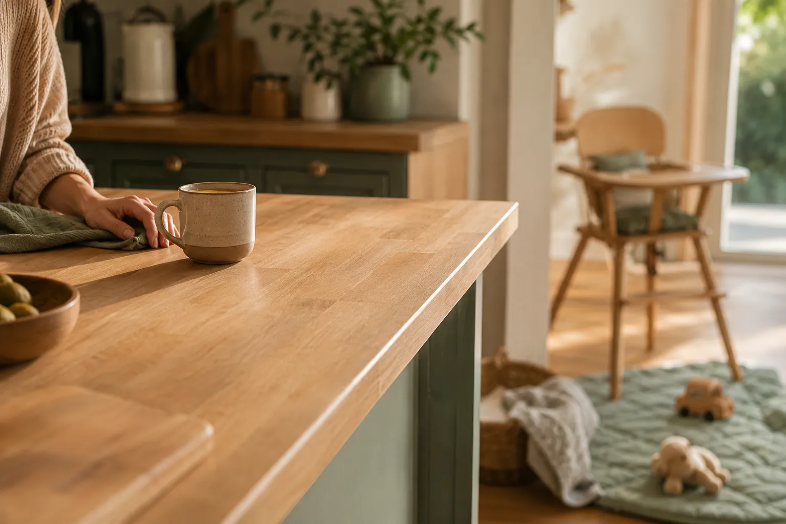 Küchenszene mit Tasse sicher auf der Arbeitsfläche, angeschnittene Erwachsenenhand im Vordergrund, Hochstuhl und Holzspielzeug im Hintergrund, warmes natürliches Licht