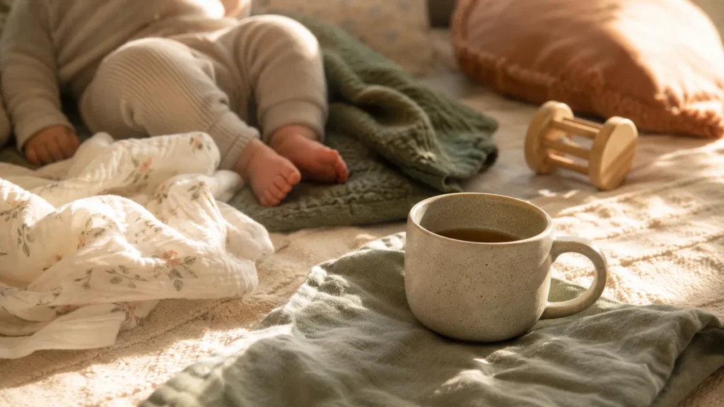 Babybeine auf gerumpelter Creme-Decke, Musselintuch und Holzrassel daneben, Tasse mit heißem Getränk als Kontext-Prop im Vordergrund, warmes goldenes Seitenlicht