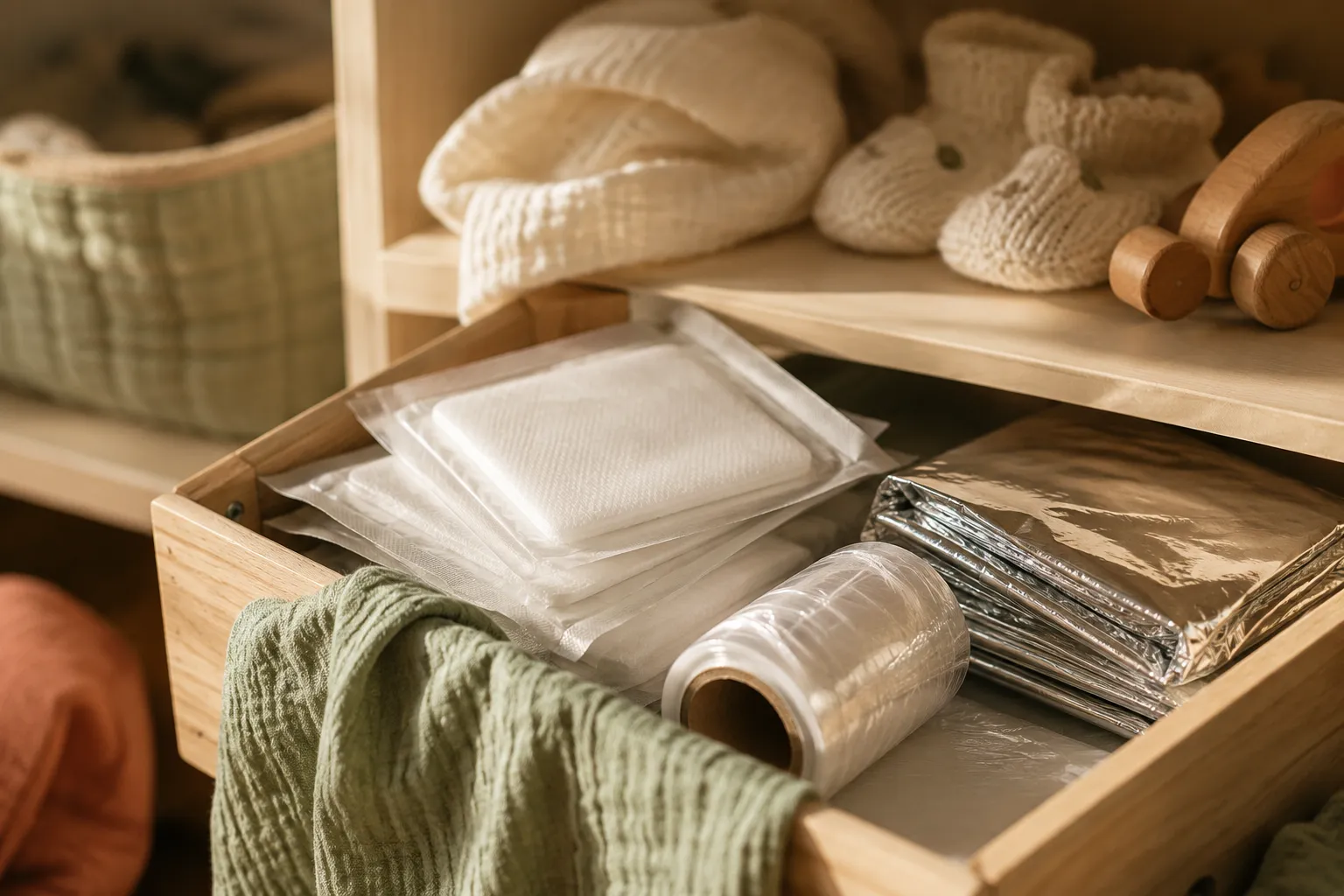 Holzregal mit sterilen Wundauflagen, Frischhaltefolie und Rettungsdecke, Babyschuhe und Holzspielzeug im Hintergrund, warmes natürliches Licht