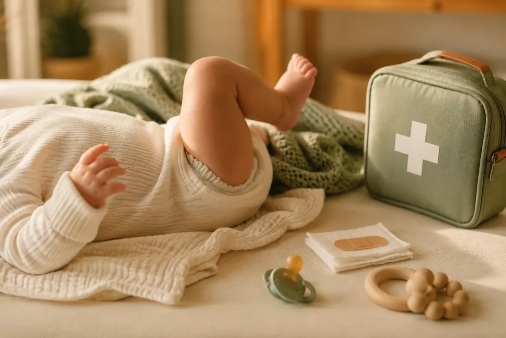 Baby in cremefarbenen Kleidung auf fester Unterlage, Erste-Hilfe-Tasche mit weißem Kreuz als Prop daneben, Schnuller und Holzspielzeug, warmes natürliches Seitenlicht