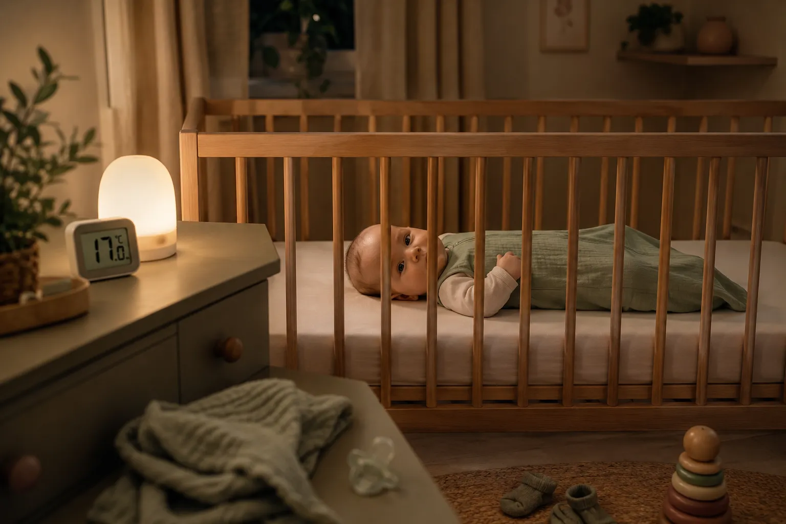 Baby in Rückenlage im Schlafsack im Gitterbett, digitales Raumthermometer auf der Kommode zeigt einen Temperaturwert, gedämpftes Nachtlicht, ruhige Schlafumgebung