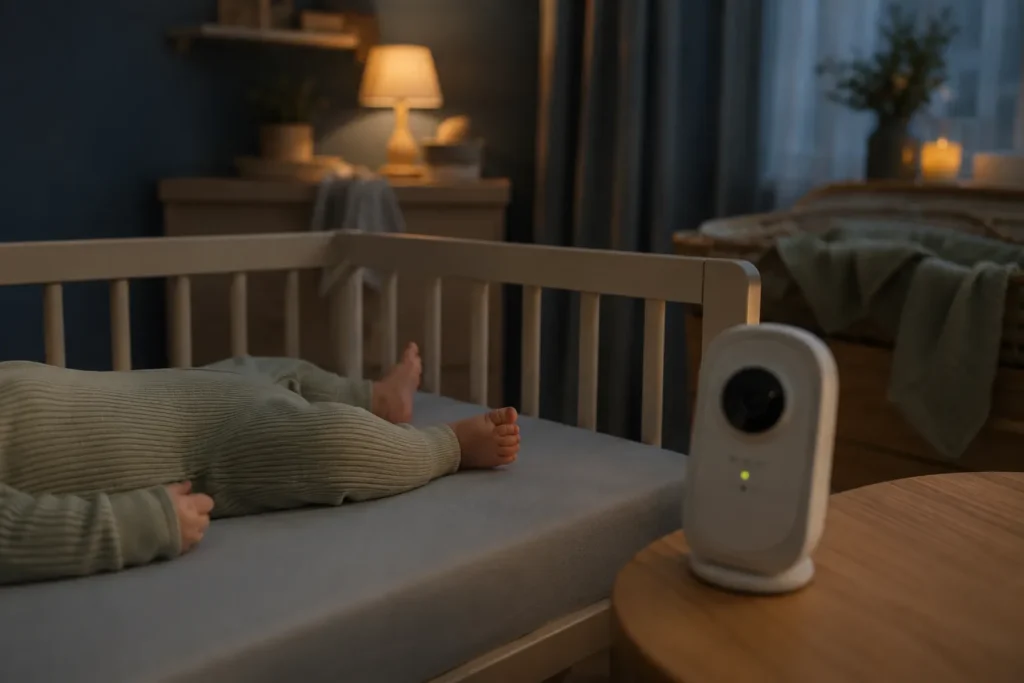 Baby liegt in Rückenlage in einem Holzgitterbett, Babyphone auf dem Nachttisch daneben, gedämpftes Abendlicht, ruhige Schlafatmosphäre in Nachtblau-Tönen