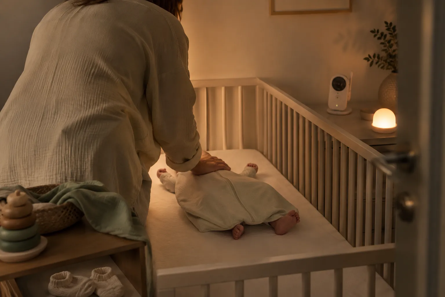 Elternteil beugt sich nachts über ein Gitterbett mit Baby, Babyphone auf dem Nachttisch sichtbar, gedämpftes Nachtlicht, ruhige sichere Schlafatmosphäre