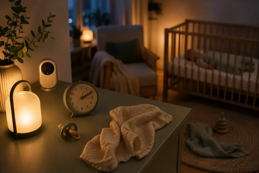 Nachttisch mit Wecker, Nachtlicht und Babyphone in dunkler Wohnung, im Hintergrund unscharf ein Gitterbett, ruhige Nachtstimmung beim wiederholten Aufwachen des Babys