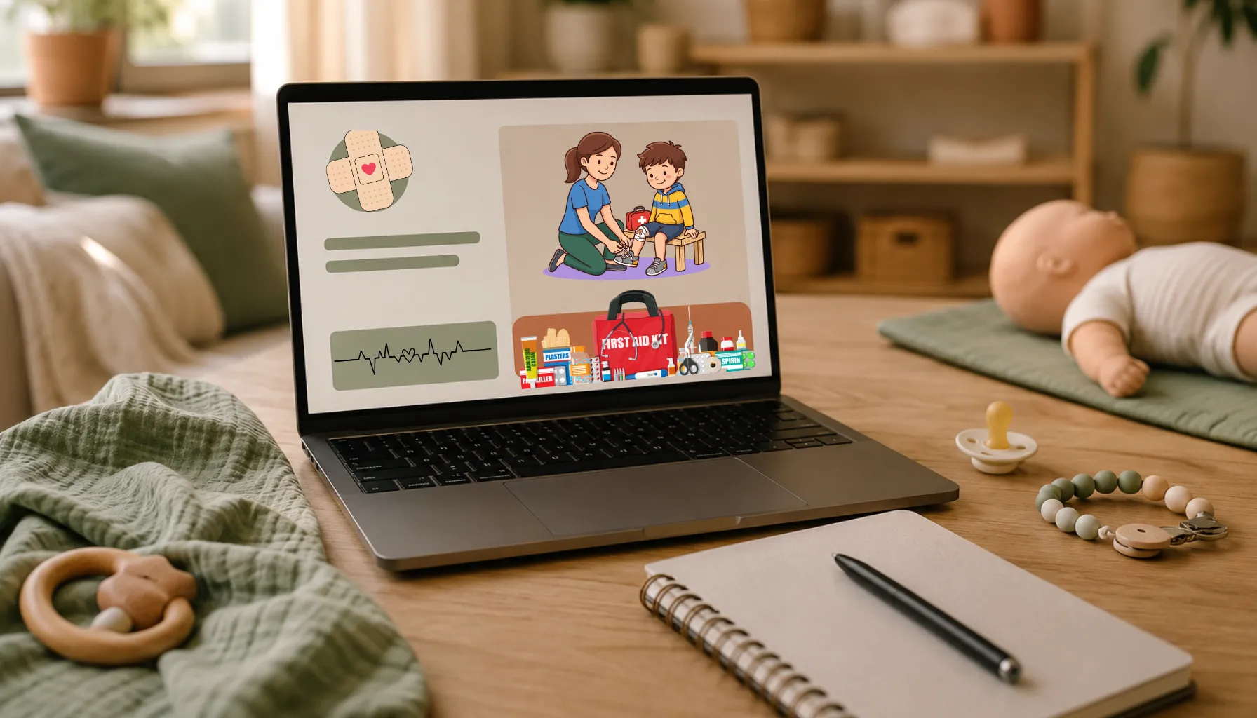 Laptop auf Holztisch, daneben Notizblock, im Hintergrund unscharf eine kleine Erste-Hilfe-Trainingspuppe angedeutet, warmes natürliches Licht, Sage-Earth-Farben