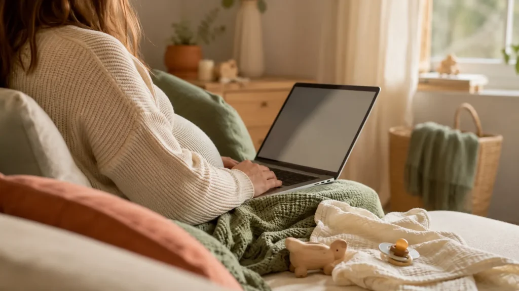 Junge Frau auf dem Sofa mit Laptop, warm beleuchtet, Sage-Earth-Farben, Anmutung einer schwangeren oder frischgebackenen Mutter beim Recherchieren, entspannte Atmosphäre