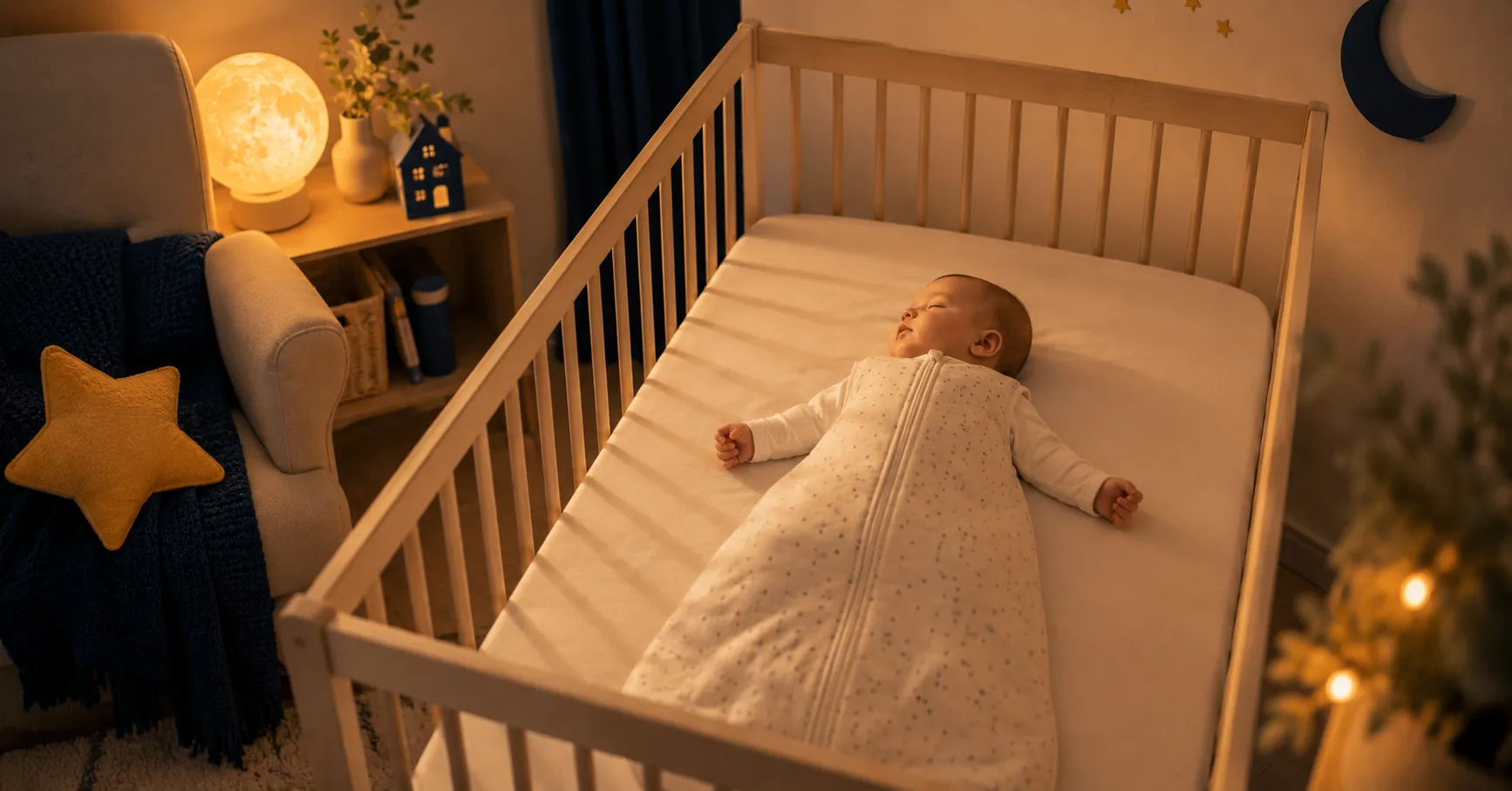 Baby in Rückenlage im leeren Babybett mit Schlafsack, keine Decke