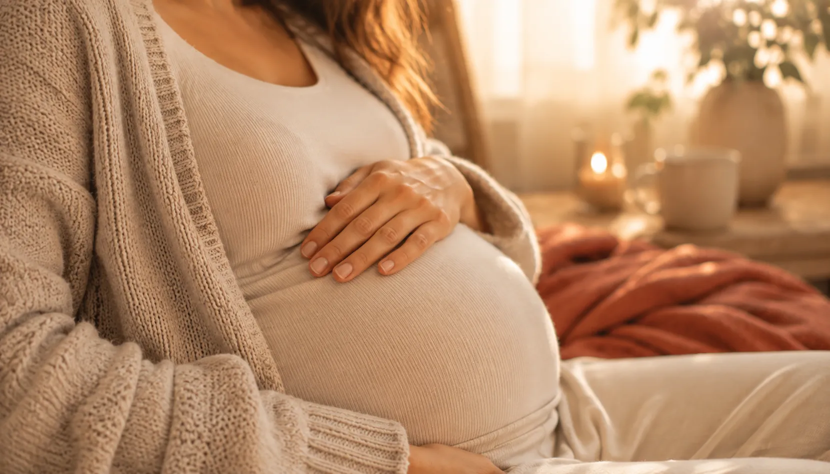 Hand ruhig auf dem Bauch, entspannte Geste