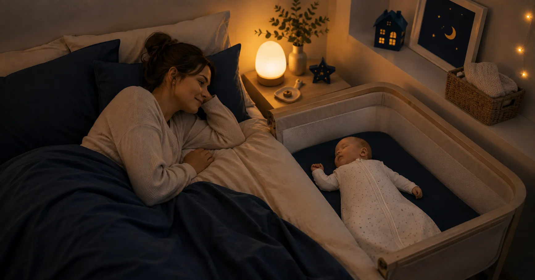 Elternbett und Beistellbett nebeneinander, Babyfläche frei, Nachtstimmung