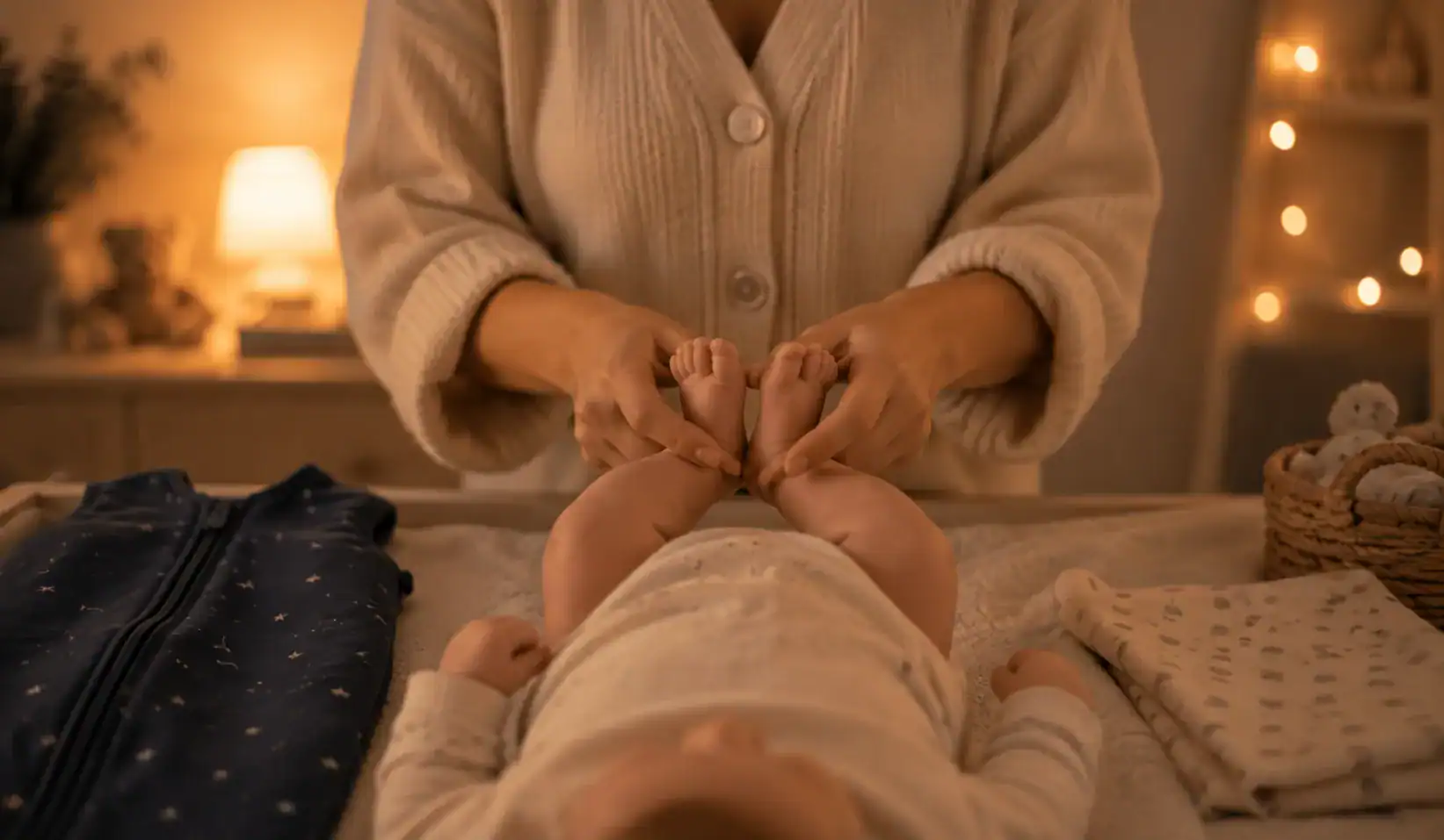 Hände der Mutter massieren sanft die Füße des Babys, Schlafsack daneben