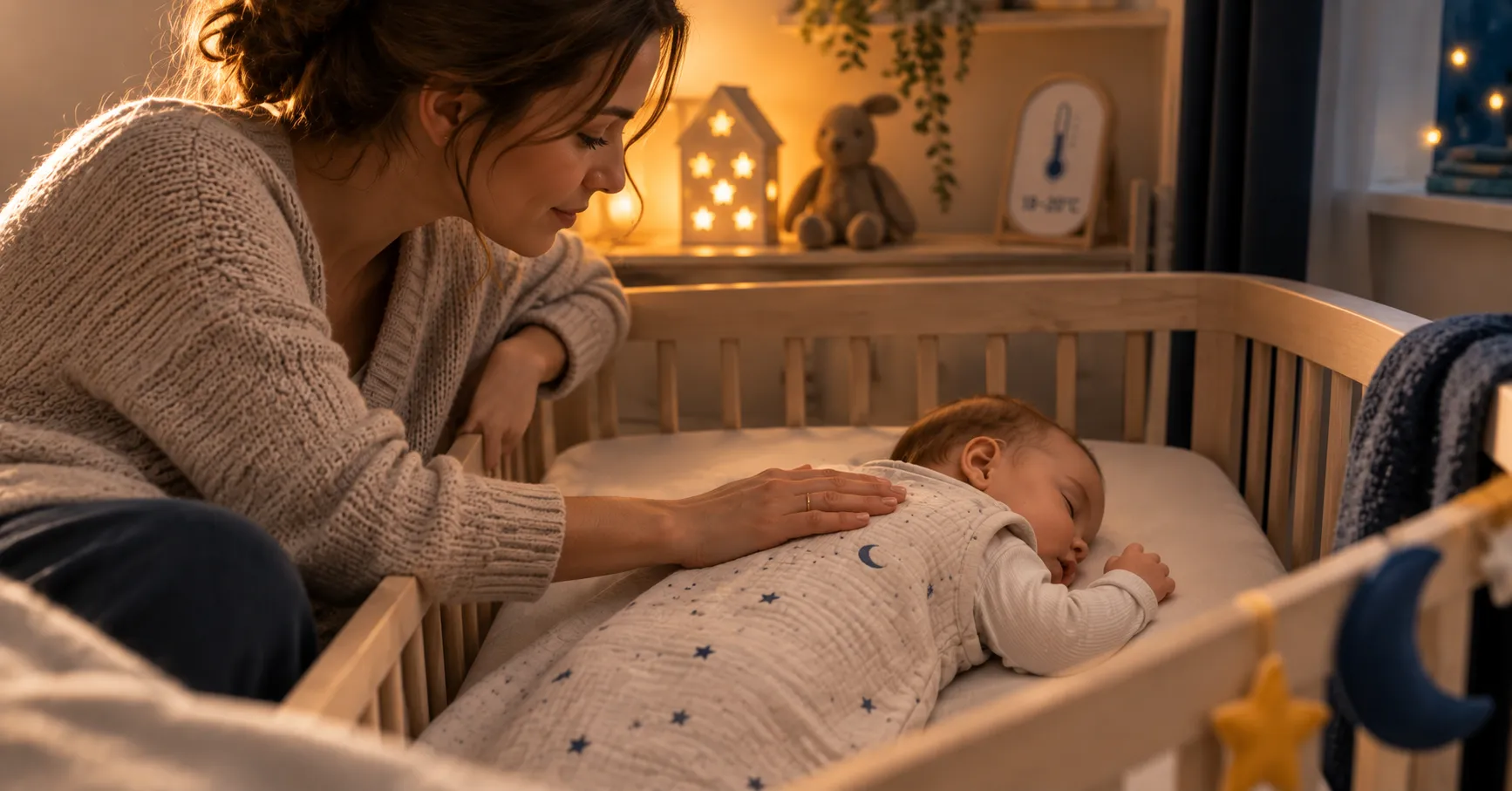 Bezugsperson prüft mit der Hand den Rücken des Babys auf Temperatur, Schlafsack sichtbar