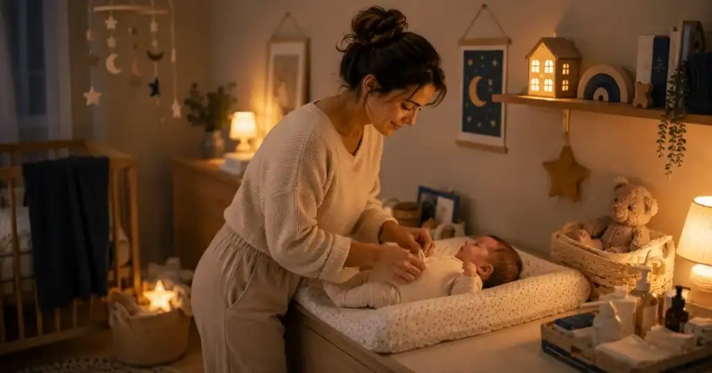 Baby auf dem Wickeltisch, die Mama die gerade die Abendroutine macht
