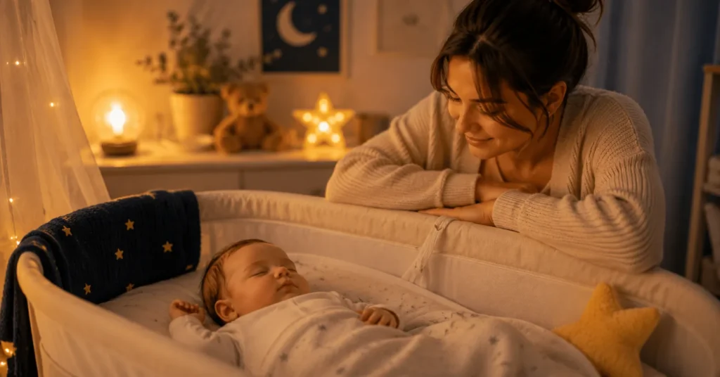 Mama beobachtet ihr Baby das im Beistellbett schläft