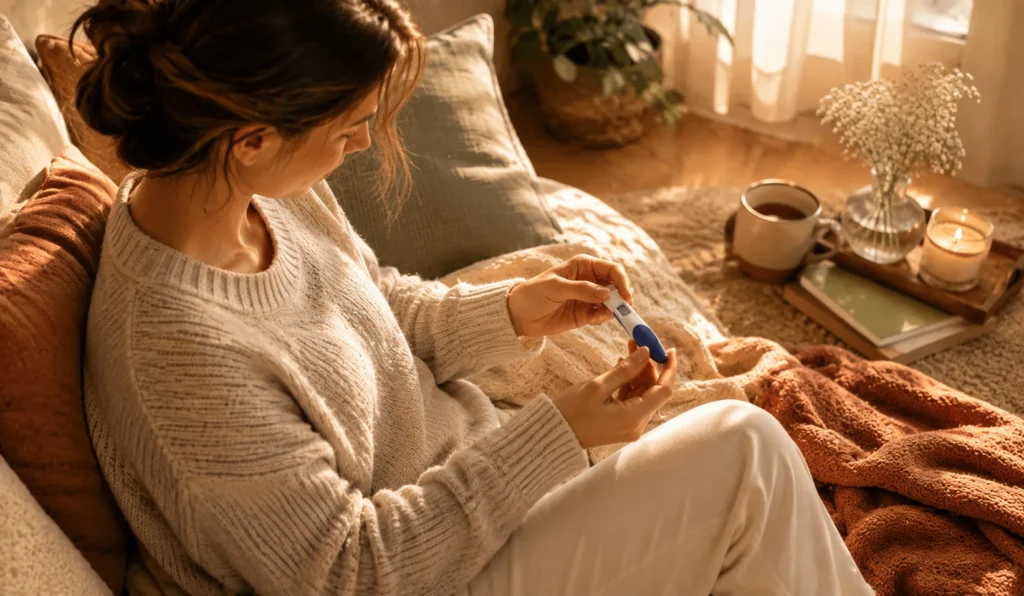 Schwangere Frau ü40 mit dem positiven Schwangerschaftstest