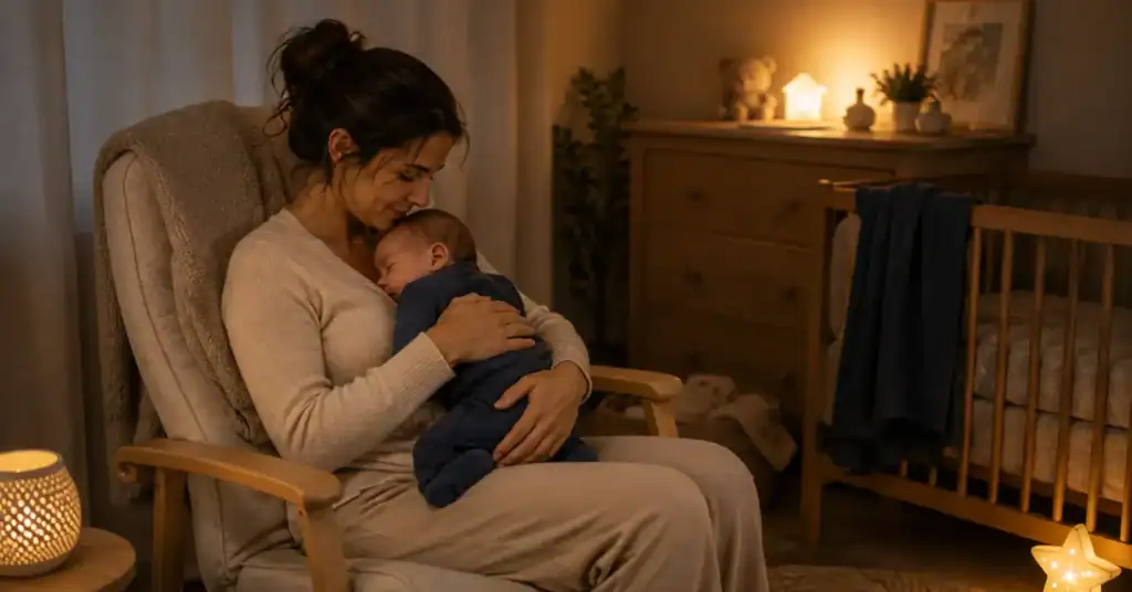 Mutter stillt Baby im Sitzen kurz vor dem Einschlafen, warmes gedämpftes Licht