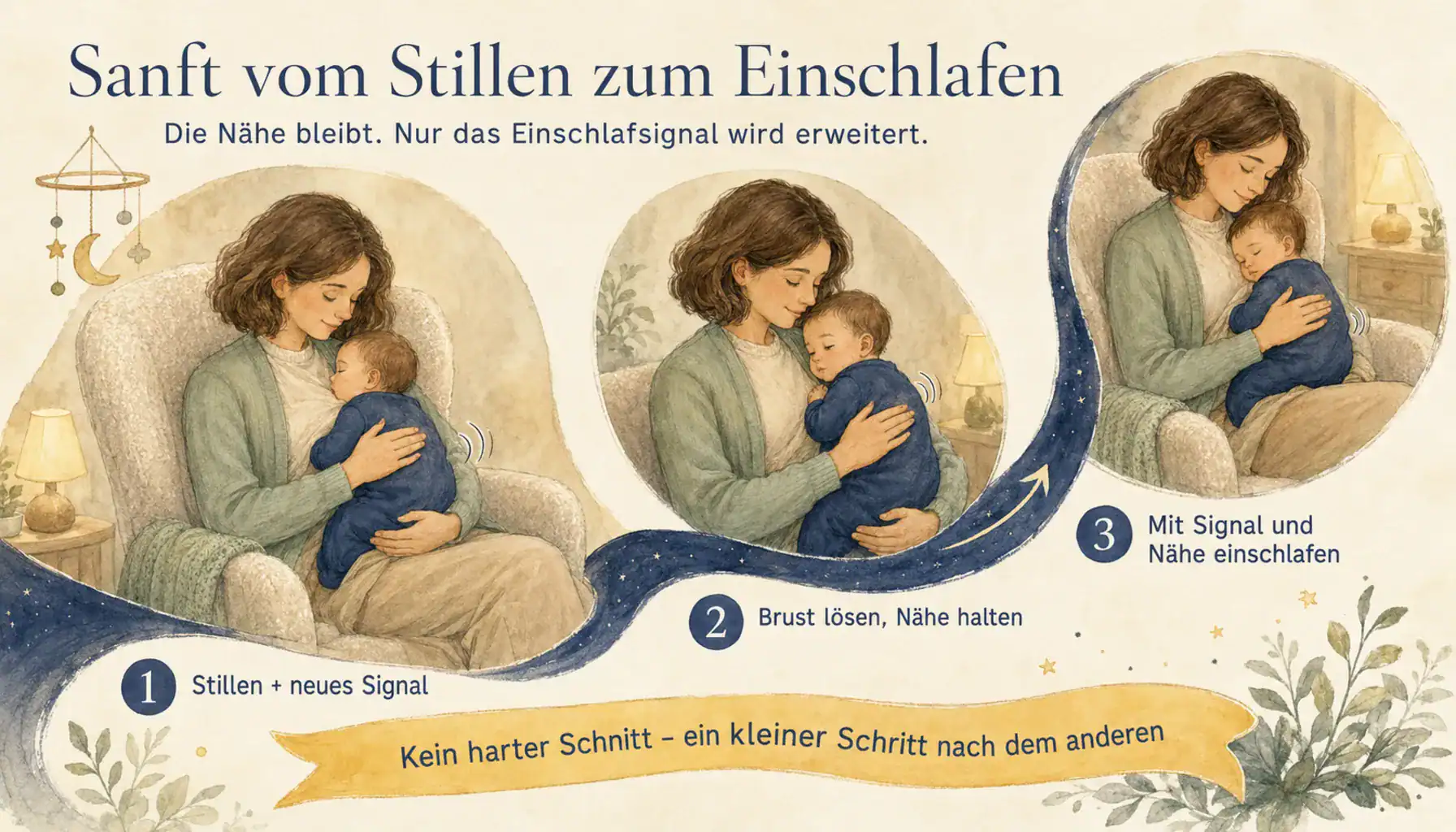Dreiteiliges Schema: Stillen mit Signal, Ablösen mit Signal und Körperkontakt, Einschlafen mit Signal