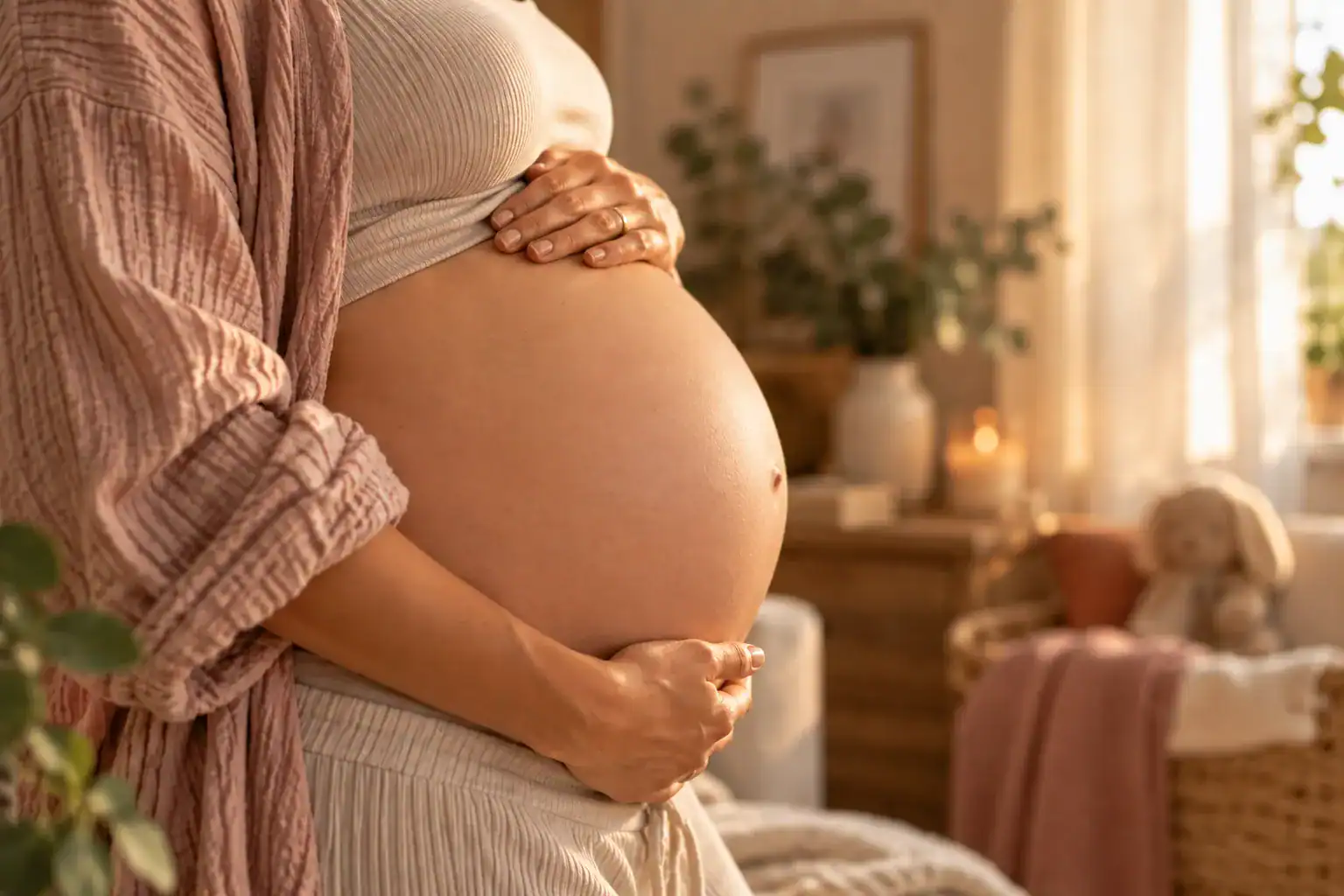 Babybauch im Profil, normale sichtbare Haut