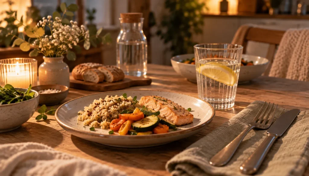 Kleine Portion Abendessen mit Glas Wasser auf Tisch