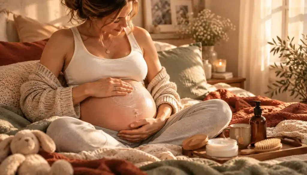 Schwangere Frau, sitzt auf dem Bett und cremt sich den Bauch ein