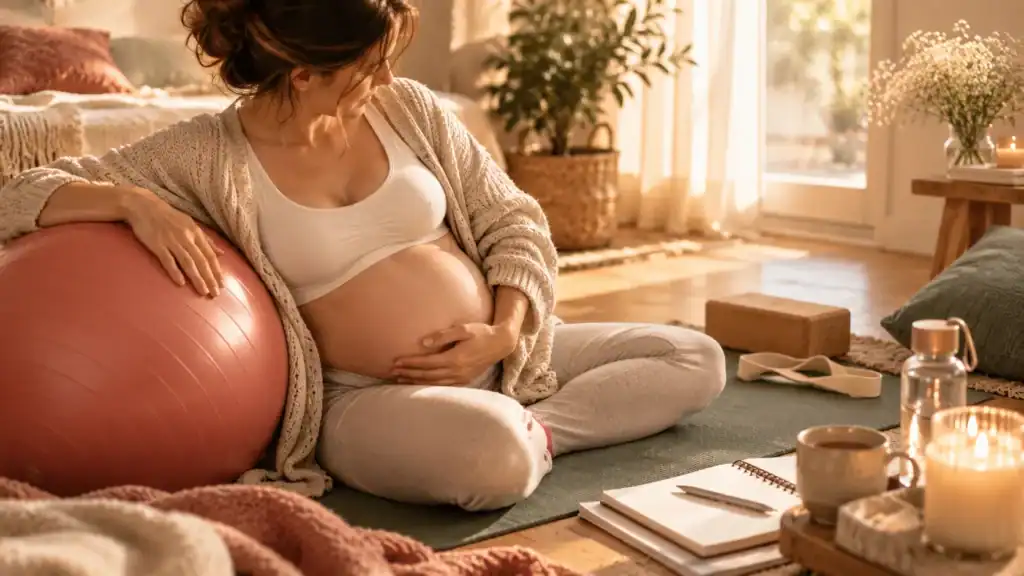 Schwangere Frau sitzt zu Hause auf dem Boden mit einem Gymnastikball