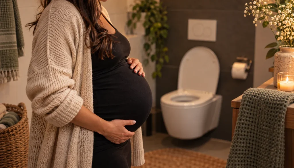 Schwangere Frau steht neben der Toilette