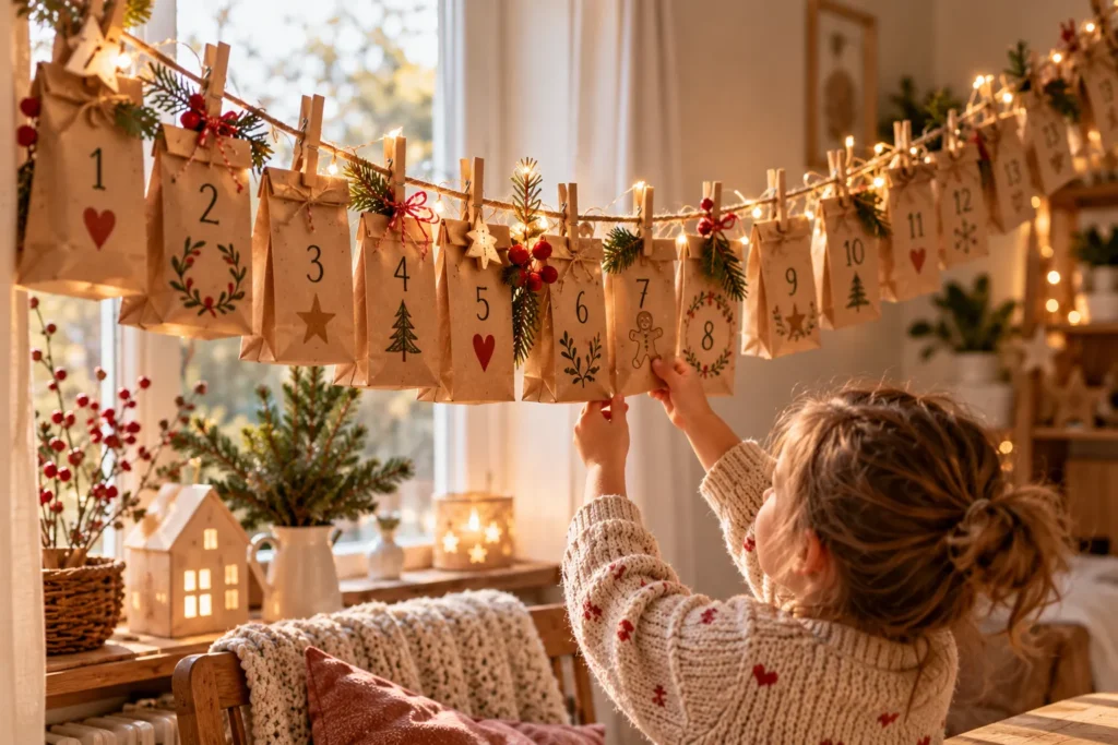 Nummerierte Papiertüten als Adventskalender an einer Girlande. Ein Kind nimmt sich gerade eine Tüte