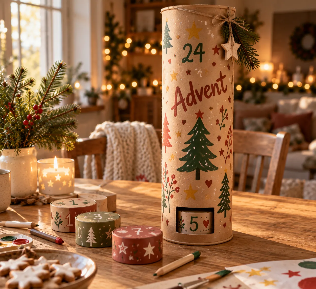 Selbstgebauter Adventskalender-Automat aus einem Rohr mit dekorierten, nummerierten Schachteln