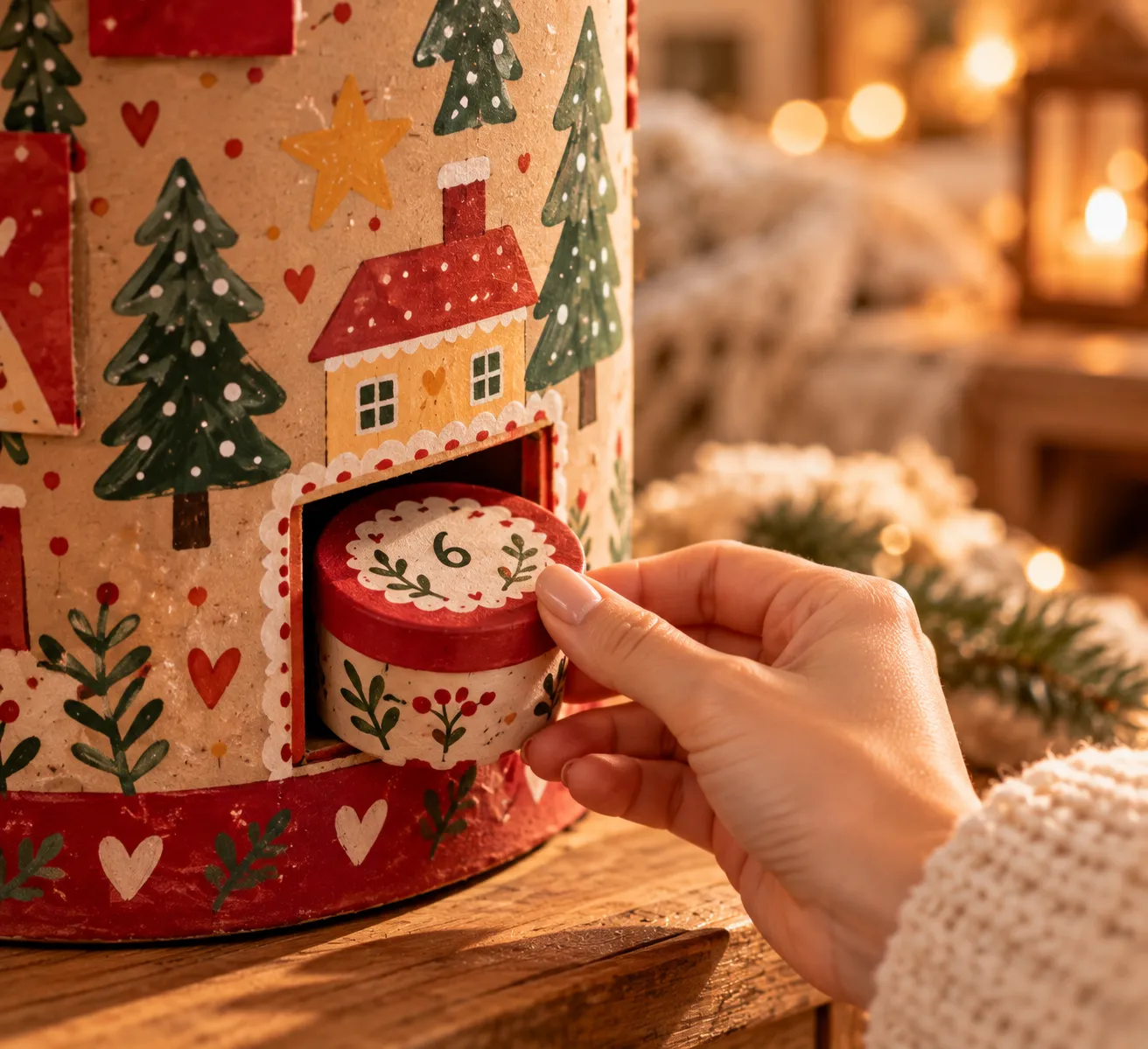 Hand nimmt eine Schachtel unten aus dem selbstgebauten Adventskalender-Rohr