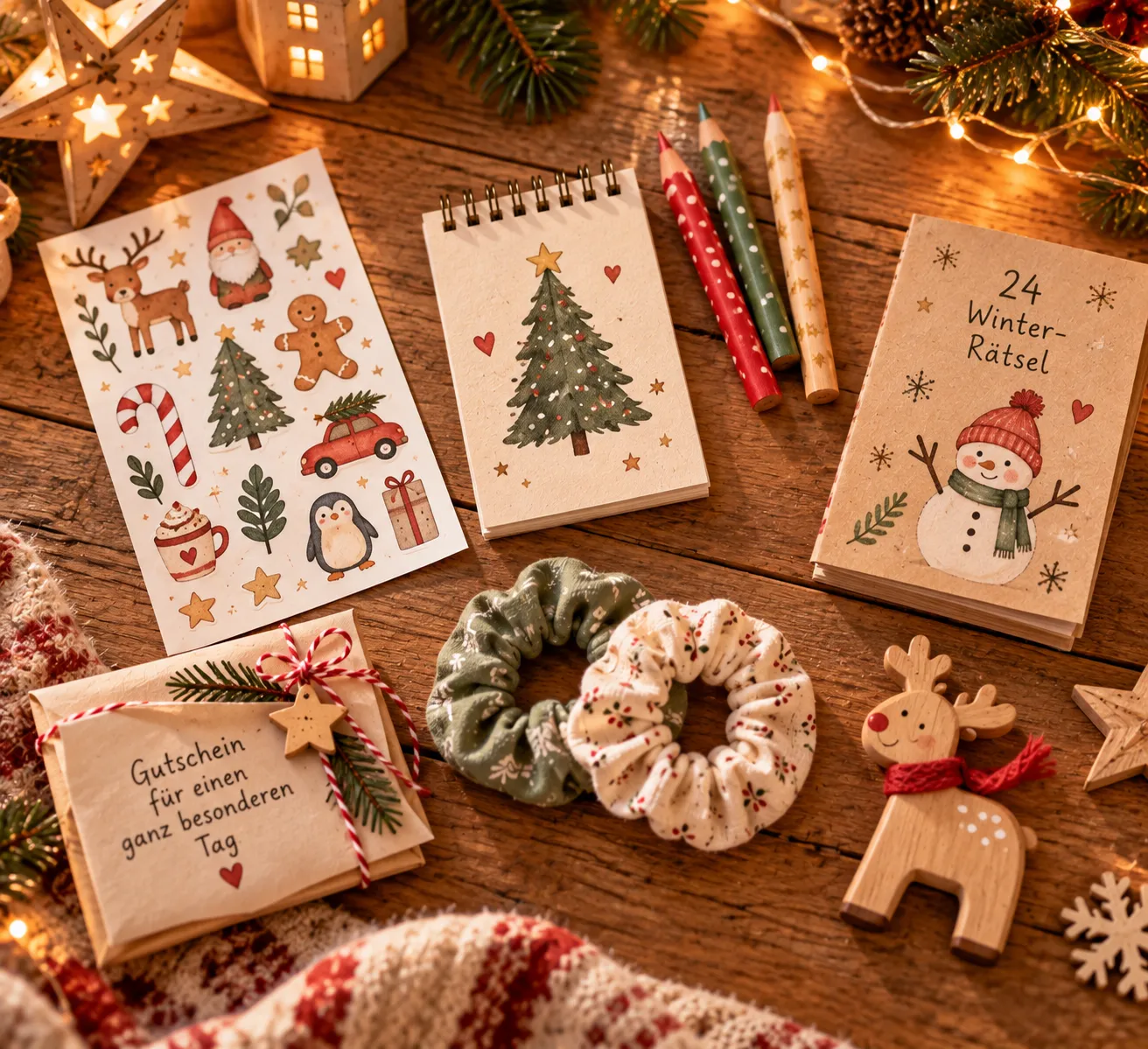 Flatlay mit kleinen Füllideen für einen Kinder-Adventskalender wie Sticker, Radiergummis und Buntstifte
