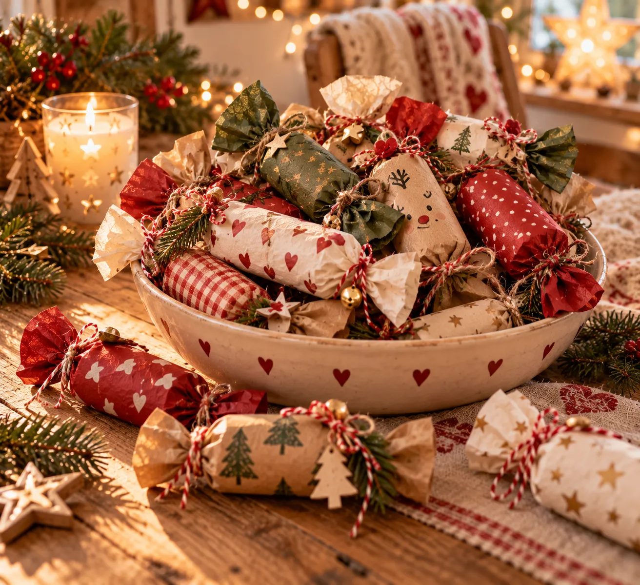 Adventskalender aus bunt verpackten Klopapierrollen, an den Enden wie Bonbons verdreht