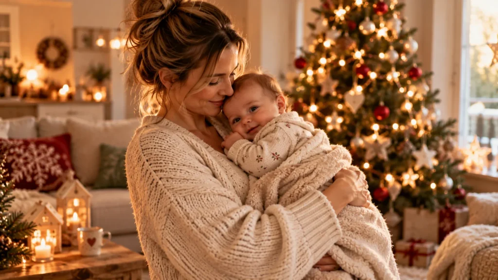 Baby auf dem Arm, Weihnachtsbaum unscharf im Hintergrund
