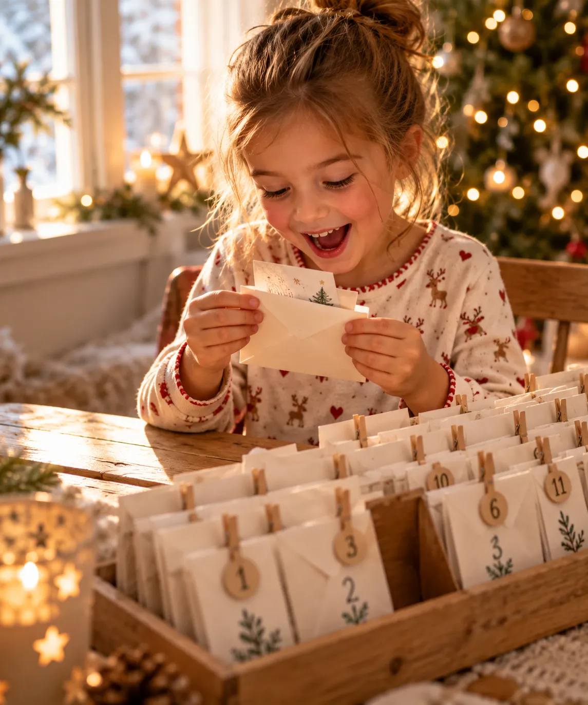 Nummerierte Briefumschläge als Adventskalender in einer Box. Kind freut sich beim öffnen eines Umschlags