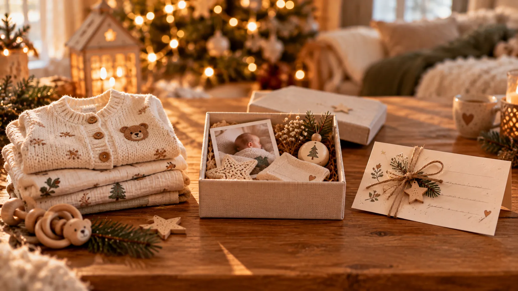 Praktisches Babygeschenk, Erinnerungsstück und Zeitgutschein nebeneinander