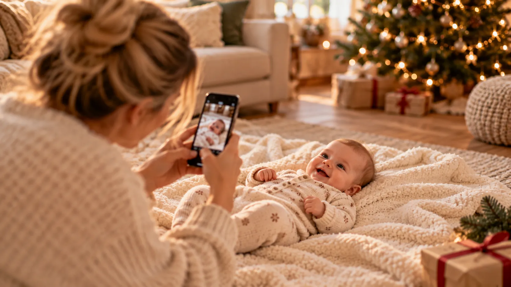 Eltern fotografieren Baby auf sicherer Decke, schlichtes Weihnachtsdetail im Hintergrund